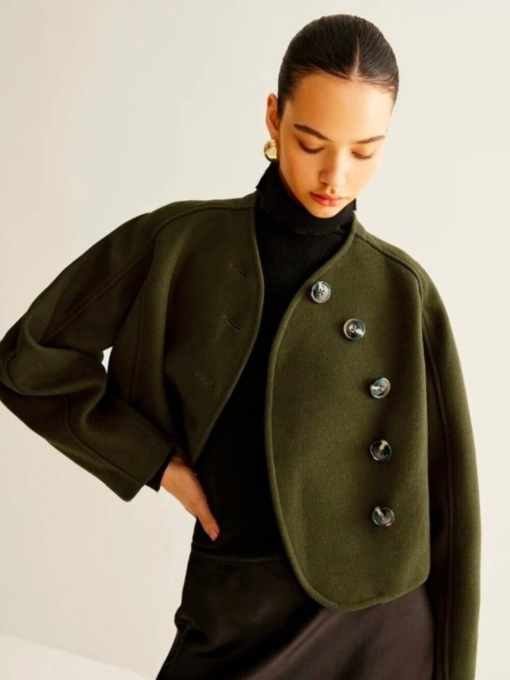 Commense Olive Cropped Button Front Pea Coat